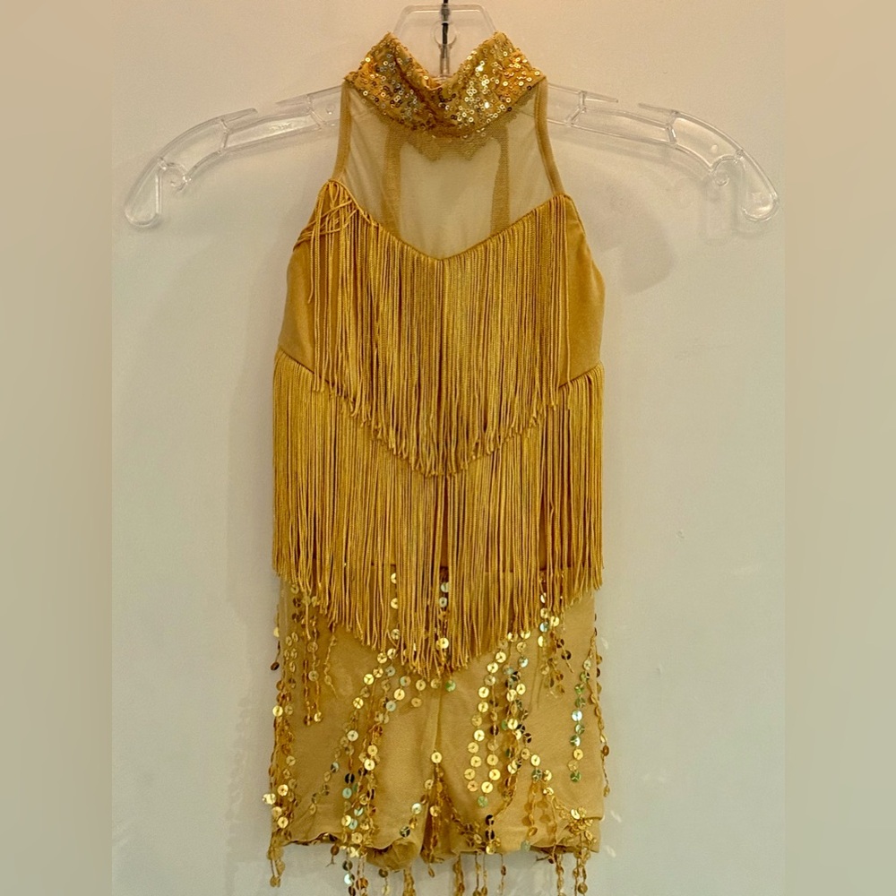 Gold Sequin & Fringe Halter Shorts Jumper for Jazz costume.